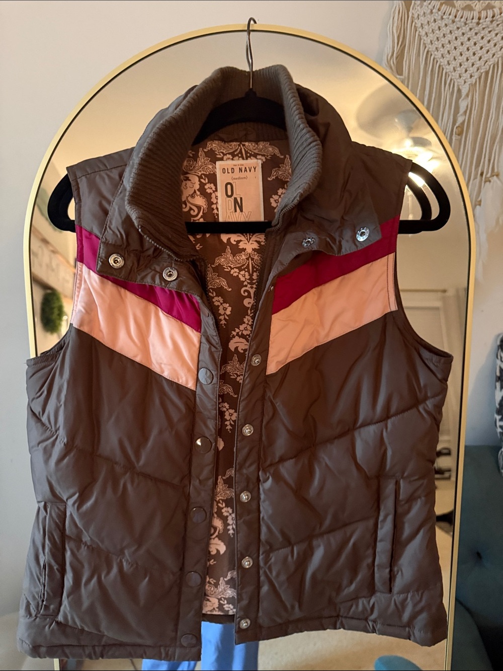 Old Navy Brown Quilted Vest with Pink and Magenta Chevron Accents
